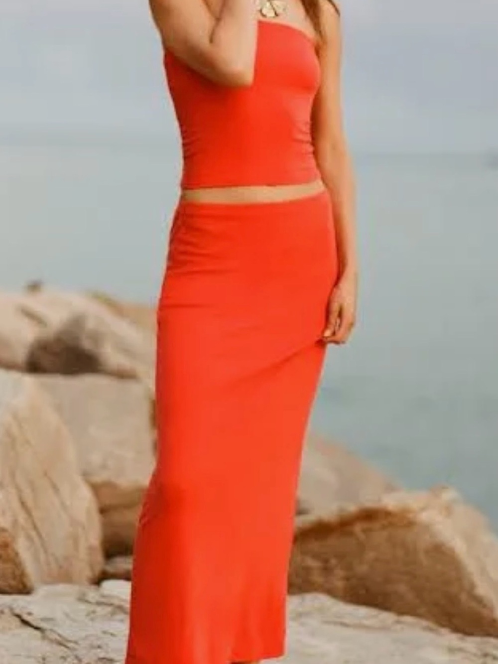 Free People NWT Bright Orange Fitted Maxi Skirt